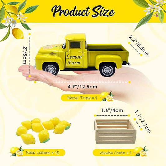 Lemon Decor Vintage Truck Decor with Mini Faux Lemons and Wooden Crate Summer Tiered Tray Decor Lemon Decorations for Home Desk Shelf Farmhouse Kitchen Centerpieces for Tables- Yellow