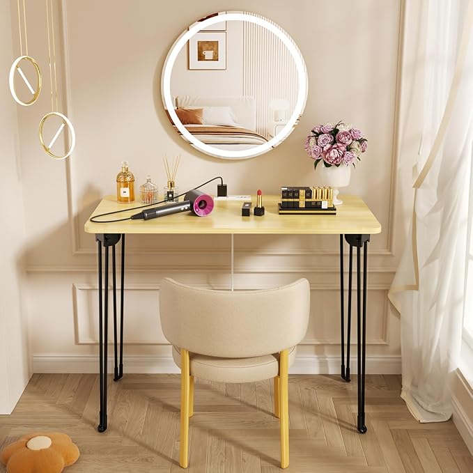 Mini Desk No Assembly Required, 31.5" Small Desk for Bedroom with Power Outlet & Hairpin Legs, 31.5" Foldable Desks for Small Spaces & Home Office, Beige Floor Patten