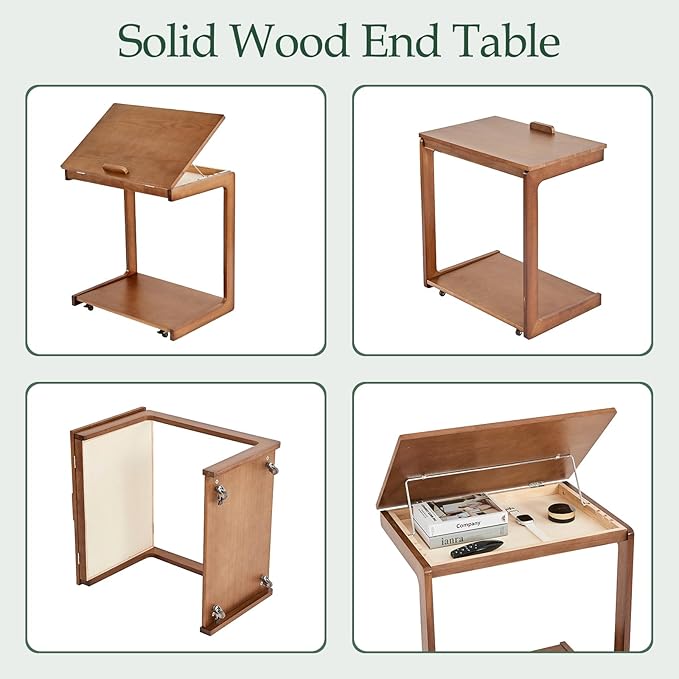 C Shaped Rolling End Table with Wheels - Solid Wood Side Table for Couch, Wooden Modern Tv Tray Bedside Tables for Sofa Armchair Living Room Bedroom, Walnut, 15.4 in x 23.6 in x 24.8 in