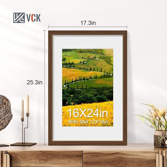 VCK 16x24 Poster Frame 5 Pack - Brown, High-End Wood Picture Frames with Polished Plexiglass, Display 12x18 Photo with Mat or 16x24 without Mat, Art Gallery-Quality, Wall Hanging, Brown