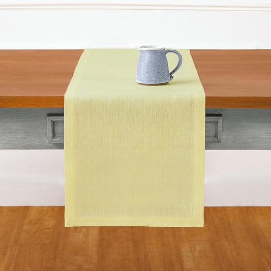 Solino Home Linen Small Table Runner 60 Inches - Athena, 100% Pure Linen Chambray Yellow Table Runner 14 x 60 Inch Ideal for Dresser and Coffee Tables