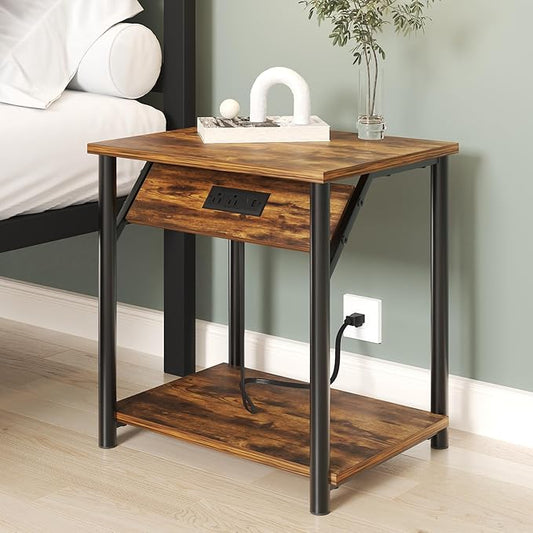 Night Stands Set of 2, Small End Tables with Charging Station, Small Side Tables for Living Room, Bedside Tables with 2-Tier Storage Shelf, Nightstand with Outlets and USB Ports, Rustic Brown/Black