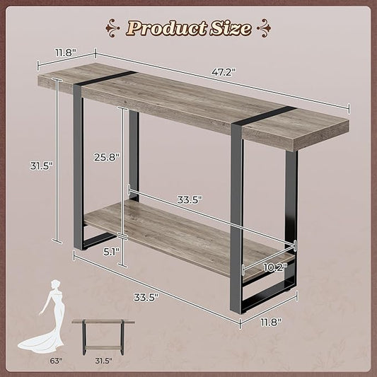 Huuger 47.2 Inch Entryway Table, 2-Tier Industrial Console Sofa Table with Storage, Accent Table, for Entry, Hallway, Entrance, Foyer, T-Shaped Metal Frame, Grey