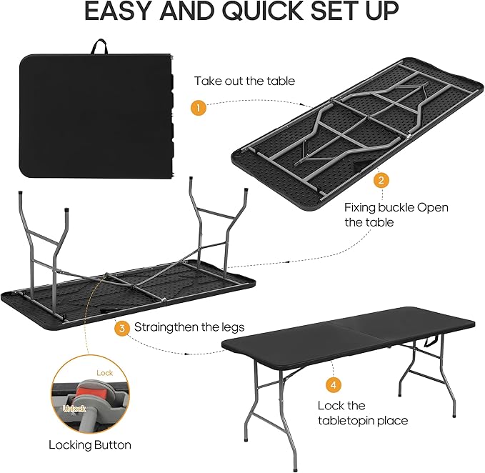 5Ft Folding Table Heavy Duty Foldable Table Lightweight Plastic Table with Reinforced Legs for Indoor Outdoor Use Perfect Portable Tables Folding for Parties, BBQs, Weddings, Camping Black