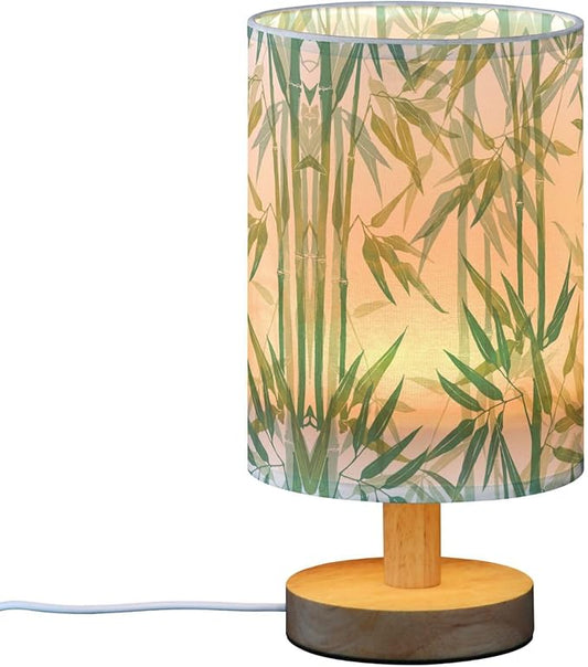 Table Lamp Green Bamboo Boho Design Nightstand Lamp with Wood Base Fabric Lamp Shade Bedside Desk Lamp for Living Room Bedroom Kids Room Office