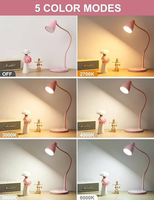 BOHON Cute Desk Lamp with USB C+A Charging Ports, Wireless Charger Pink Lamp, 5 Colors Stepless Dimming Reading Light, Touch Bedside Table Lamp, LED Desk Light for Home Office College Dorm Room Pink