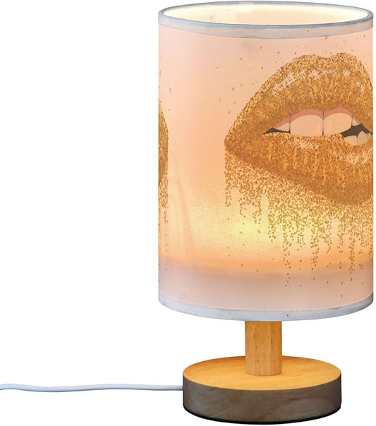 Table Lamp Gold Glitter Lip Paint Flow on White Nightstand Lamp with Wood Base Fabric Lamp Shade Bedside Desk Lamp for Living Room Bedroom Kids Room Office