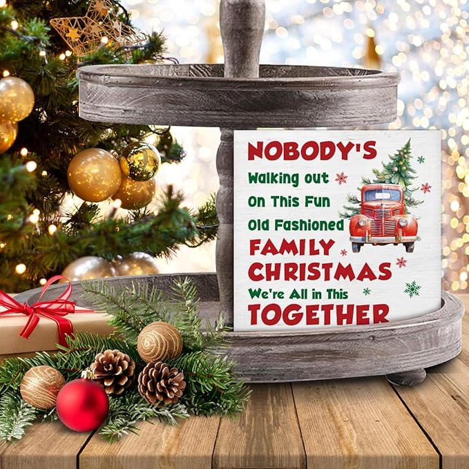 Christmas Vacation Decorations - We're All In This Together Decor, Indoor Christmas Wooden Sign, Tree Truck Home Decor for Desk Table Shelf 5 X 5 Inches