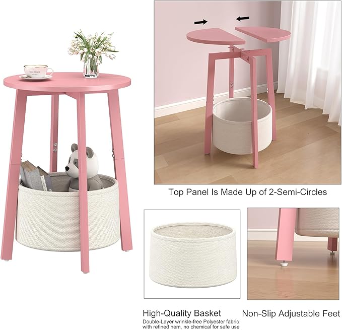 Small Round Side End Table Set of 2 with Cloth Storage Basket, Round Bedside Sofa Couch Coffee Tables for Small Places with Metal Frame, Modern Nighstands for Living Room Bedroom,Pink