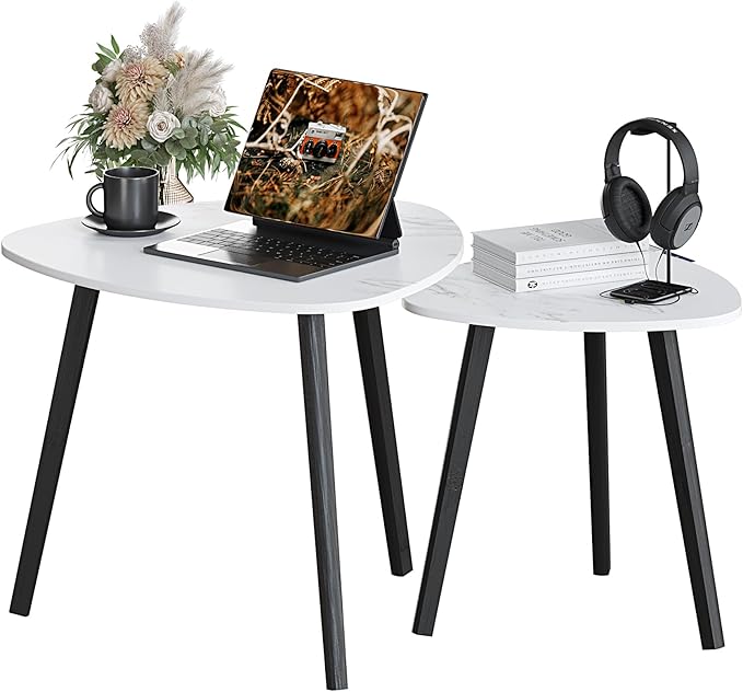 BAMEOS Bamboo Nesting Triangle End Table,Set of 2 Coffee Table Modern Minimalist Side Table for Living Room (Marble White)