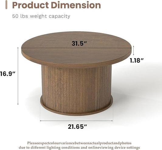 SoarFlash 31.5 Inch Fluted Coffee Table, Mid Century Modern Round Coffee Table, Center Table with Sliding Door and Wood Fluted Handle for Living Room, Brown