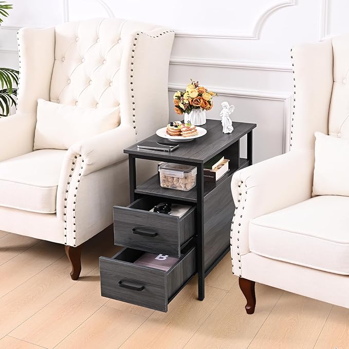 Livofloral Side Table, End Tables with Charging Station, Narrow End Table with Wooden Drawers, USB Ports and Power Outlets, Nightstand and Bedside Table, End Table Living Room, Bedroom, Dark Grey