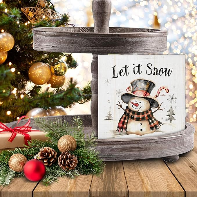 Let It Snow Christmas Decorations - Snowman Decor, Christmas Winter Wooden Sign, Home Decor for Desk Table Shelf 5 X 5 Inches