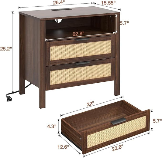 HOMMPA Nightstand with Charging Station, Boho Bedside Table with USB and Type-C Ports, Large Rattan Night Stand with 2 Drawers, Side Table End Table for Bedroom, Living Room, Small Space, Walnut
