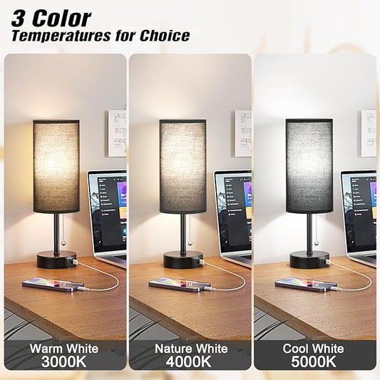 Black Bedside Lamp for Bedroom Nightstand - Small Table Lamp with USB A + C Charging Port, 3 Color Temperatures Pull Chain Night Stand Light with Bulb, Side Table Desk Reading Lamp for Living Room