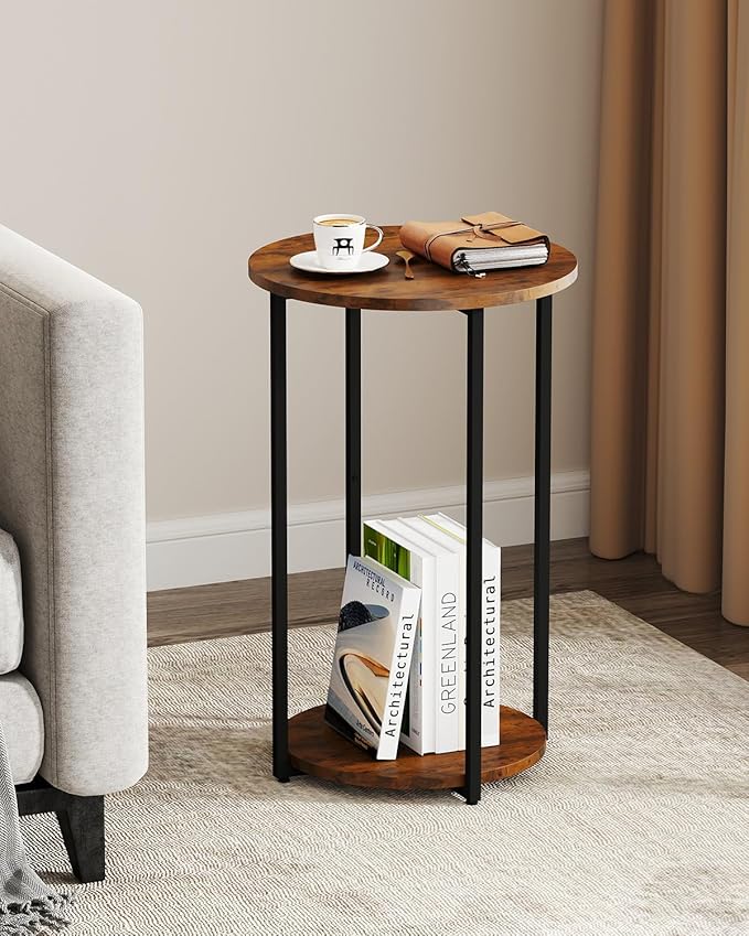 Round Side Table, Small End Table with Storage Shelf, Accent Table for Living Room, Bedroom and Small Spaces, Metal Frame, Rustic Brown & Black, 15.75" Dia x 25.4" H