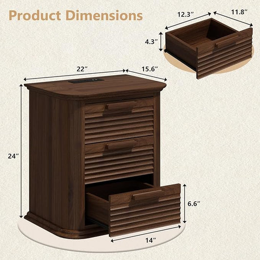 22'' Fluted Nightstand with Charging Station, Modern End Table with 3 Drawers and Storage, Wood Night Stand with Round Corner, Side Table Dresser for Bedroom, Living Room, Curved Profile,Walnut