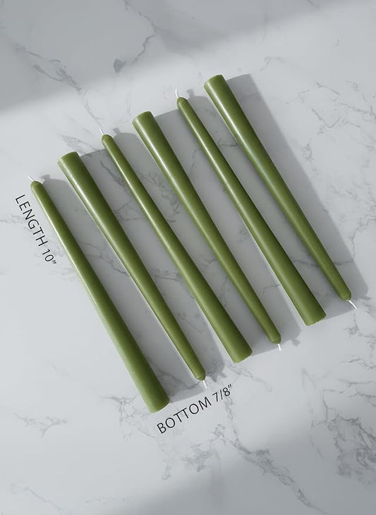 12pk 10" Classic Taper Candles, Moss Green, 7-8 Hours Long Burning, Unscented Tall Candlesticks