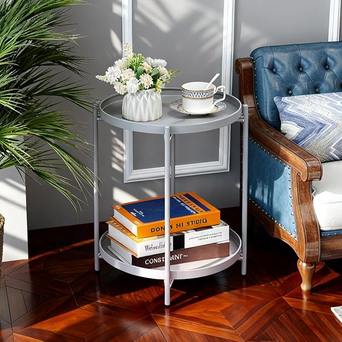 HollyHOME 2-Tier Round Side Table, Outdoor Small Folding Accent Stand with Removable Tray, Anti-Rust Metal Asional Table for Balcony Patio Living Room, Nightstand for Bedroom(Grey)