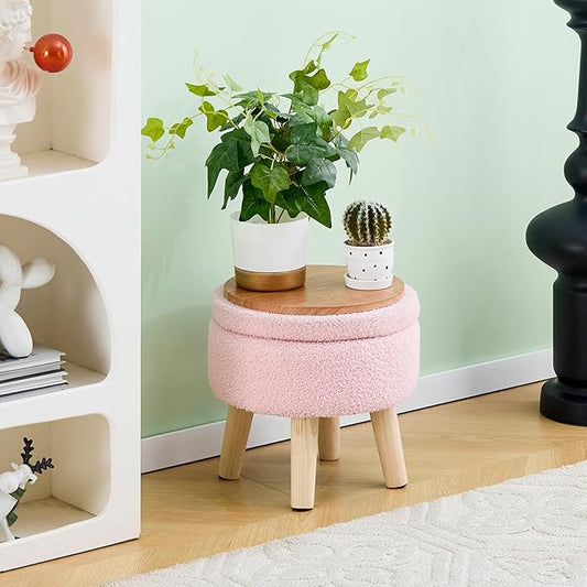 Mxfurhawa Versatile Storage Ottoman, Round Footstool with Soft Padded Seat, Small End Table with 4 Wood Legs, Teddy Velvet Foot Rest for Couch,Shoe Changing Stool for Living Room (Pink)