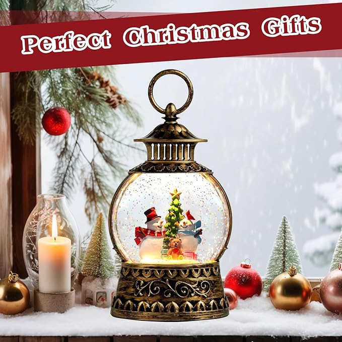 Christmas Snowman Snow Globe, Snowman Musical Snow Globe Lantern Lights with 6H Timer Battery & USB Powered, Retro Style Holiday Glitter Globe for Xmas Home Decoration Holiday Party Gifts
