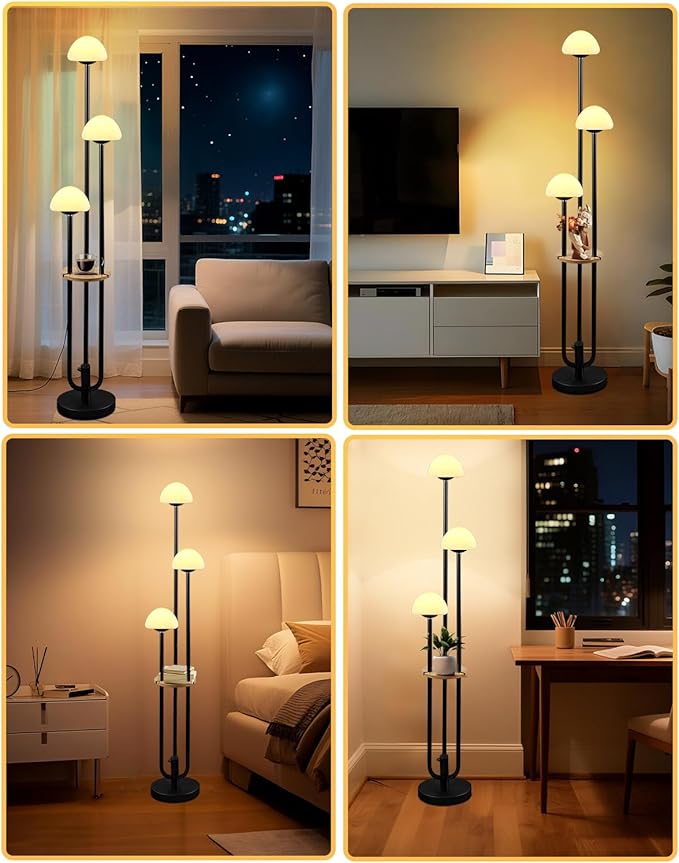 Lightdot Black Dimmable Floor Lamp with Table, Modern Floor Lamps for Living Room, 3000K Warm Lights Tall Standing Lamp with Mushroom Shades & Bulbs for Bedroom/Office