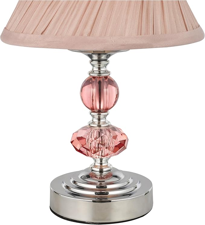 Small Modern Crystal Bedside Table Lamp, 7 x 7 x 12 Inch Electroplaetd Silver Base Table Lamp for Bedrooms and Office (Pink Pleated Bell Shape Shade)