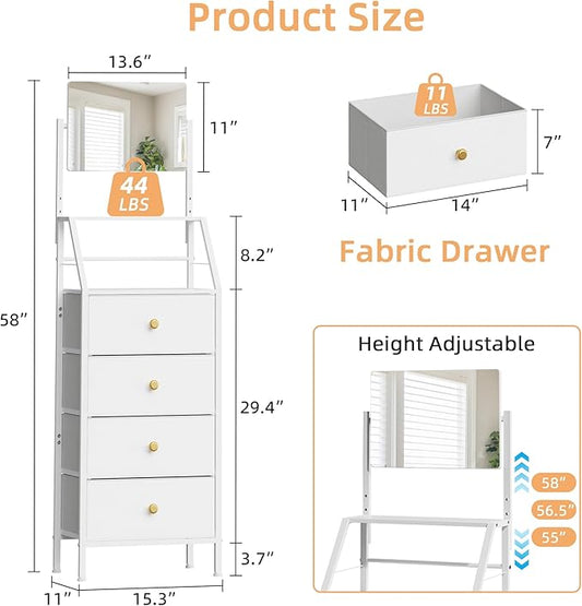 Dresser with Mirror, 4 Drawers Dresser with 2-Tier Shelves, Freestanding Fabric Chest of Drawers for Small Space, Tall Narrow Nightstand Vanity for Bedroom, Hallway, Dorm, White, 15.3" W