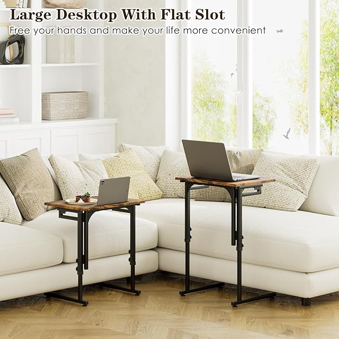 Adjustable Folding TV Tray Table,TV Dinner Small Foldable C-Shaped End Table for Eating,6 Height Adjustable Slide Under Couch Side with Sturdy MDF Top,No Assembly(Brown,2Pcs)