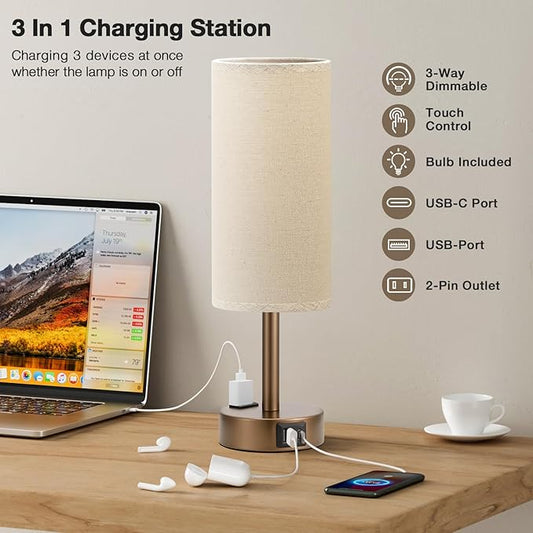 Fenmzee Brown Bedside Table Lamp for Bedroom - 3 Way Dimmable Touch Lamp USB C Charging Ports and AC Outlet, Small Lamp Round Flaxen Fabric Shade for Living Room, Desk, LED Bulb Included