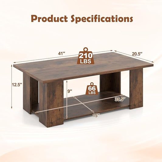 Giantex Rectangle Wood Center Table, 41" L 2-Tier Large Modern Tea Table w/Open Compartment, Easy Assembly, Accent Coffee Table for Living Room, Reception Room, Rustic Brown