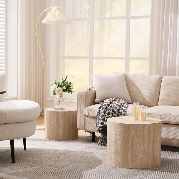 Round Coffee Tables Side Table Set of 2, Wood Nesting End Table for Living Room Balcony Office, No Assembling