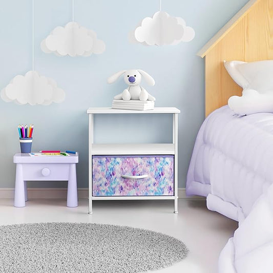 Sorbus 1 Drawer Shelf Storage Nightstand - Kids Bedside Furniture End Table Night Stand with Steel Frame Wood Top & Easy Pull Fabric Bins. Dresser & Chest for Home Bedroom Accessories Office & College