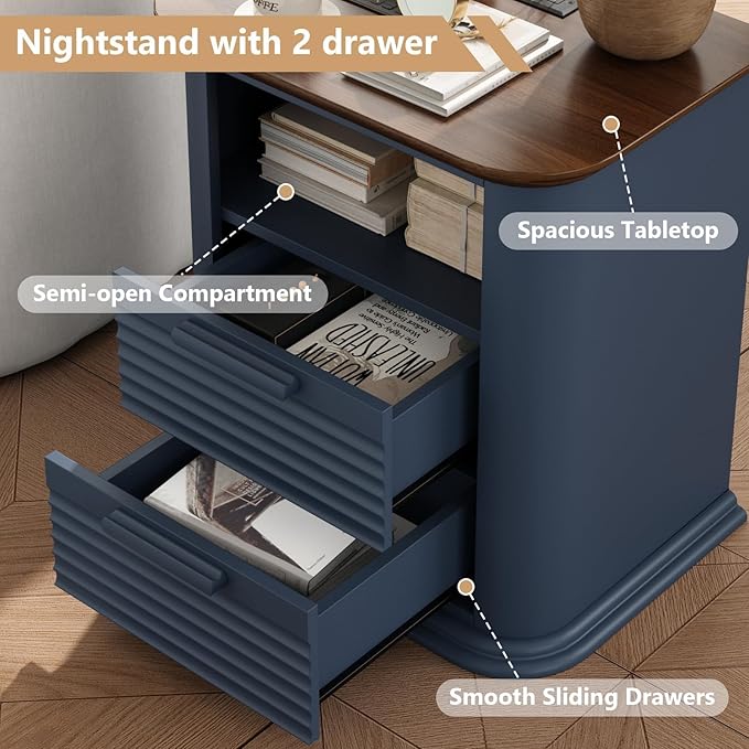 22'' Fluted Nightstand with Charging Station, Modern End Table with 2 Drawers and Open Storage, Wood Night Stand with Round Corner, Side Table for Bedroom, Living Room, Curved Profile,Dark Navy Blue