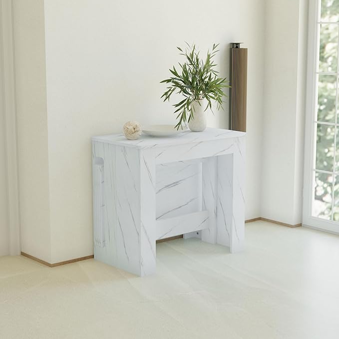 Extendable Dining Table for 2-8 People, 19–78 Inch White Marble High Gloss, Expandable Rectangular Table with Rounded Corners, Space-Saving Console Table with Hidden Leaf Storage