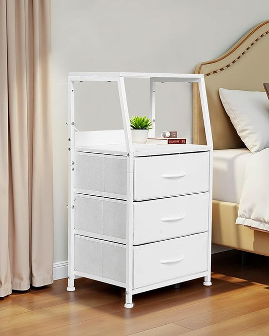 Dresser for Bedroom, Fabric Nightstand Tall Dresser & Chests of Drawers with 3 Drawers, Vertical Organizer Storage Tower Unit for Bedroom, Hallway, Entryway White