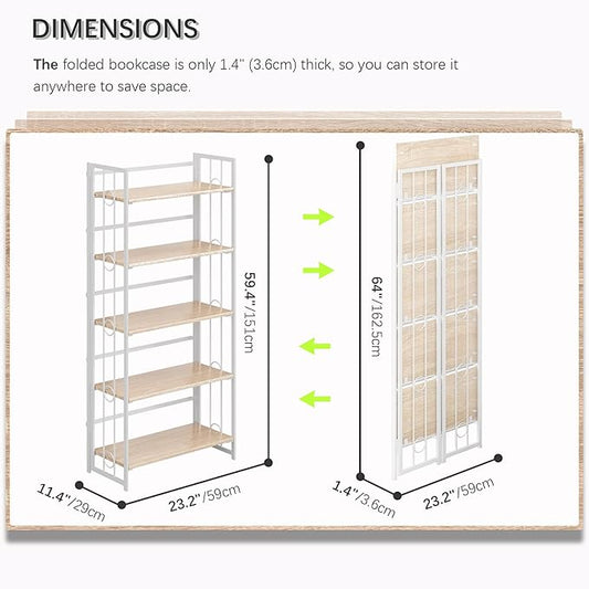 4NM No Assembly 5 Tiers Folding Bookshelf, 59.4" H Foldable Storage Shelves Vintage Bookcase Standing Racks Study Organizer Home Office - Natural White