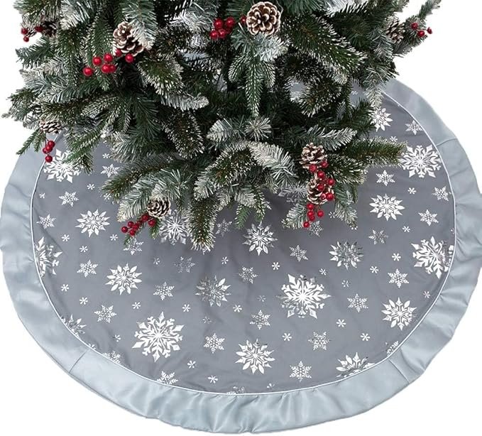 Flash World 36 Inch Large Christmas Tree Skirt Xmas Soft Cover Mat Decor Snowflake Collar Farmhouse Tree Skirt for Holiday Ornaments Party Home Indoor Decorations (Grey—Three Cotton Layer, 48INCH)