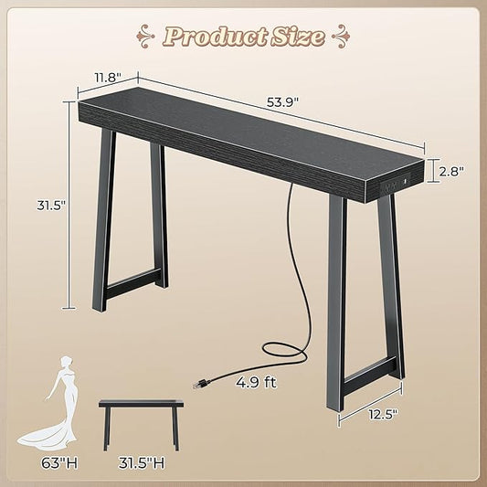 Huuger Entryway Console Table with Charging Station, USB-C Port, 53.9 Inch Sofa Table with Metal Legs, Entry Hallway Table with Deeper Desktop, Modern Behind Couch Table, Black