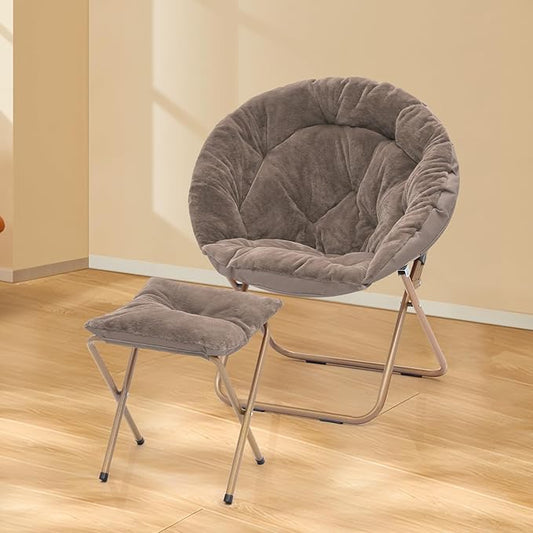 Athena Collection Saucer Chair with Ottoman Comfy Chair for Bed Room Living Room Folding Round Cozy Chair Faux Fur Metal Frame Foldable Lazy Chair Accent Chair Reading Chair Set of 2, Brown