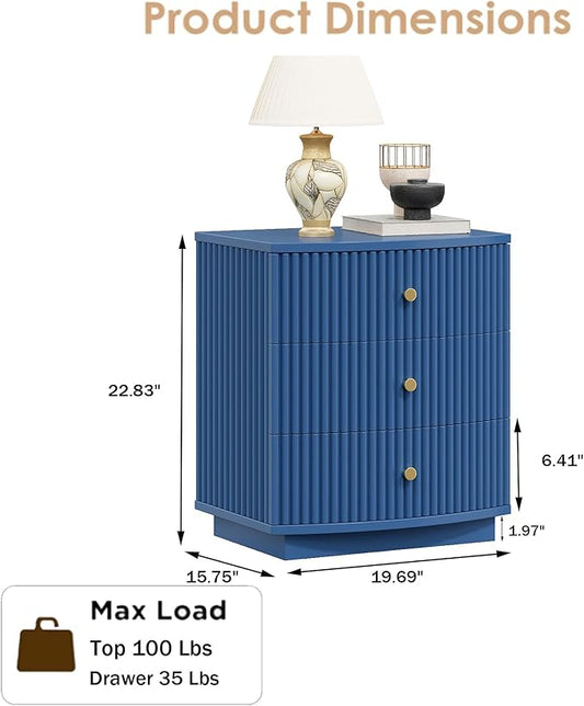 Grooved Wood End Table with 6 Drawers, Curved Edge Storage Side Table, Six Drawer Nightstand Compact Sofa Bedside Table for Bedroom, Living Room and Small Spaces, Blue X2