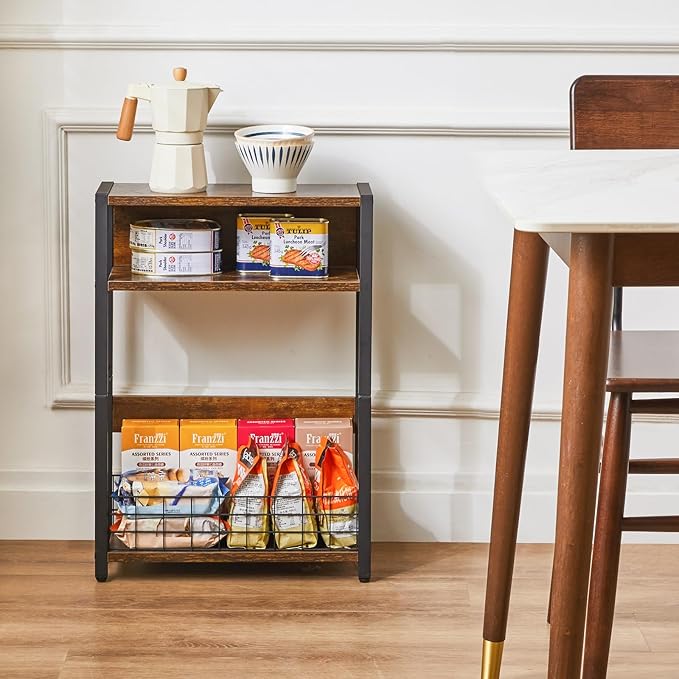 IBUYKE Narrow Side Table with Storage Shelf, 3 Tier End Table,Modern Sofa Table,Small Nightstand with Magazine Rack,Telephone Table for Small Spaces,for Living Room, Bedroom,Brown UTMZ001H