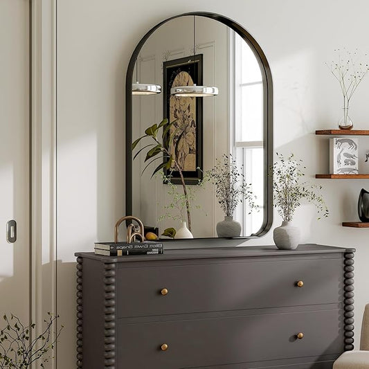 GLSLAND 26”x38“ Black Arched Bathroom Mirror - Aluminum Alloy Framed Wall- Matted Wall Mirrors for Bedroom, Entryway Mirrors for Wall