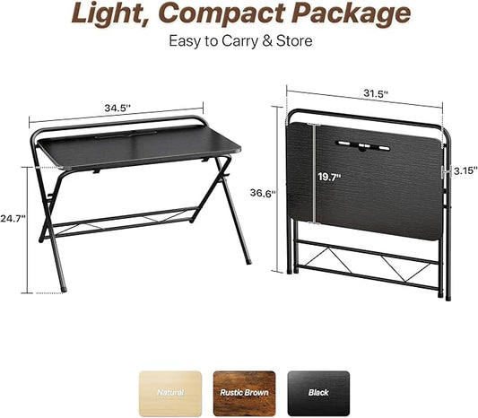 Huuger Folding Desk with 3-Level Adjustable Height and Tablet Slot, 32 Inch Foldable Computer Desk for Small Spaces, Space Saving, Writing Work Table for Home Office, Bedroom, Study, Black