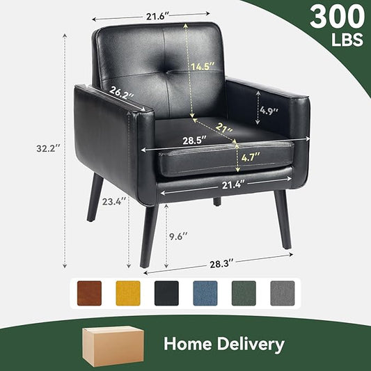 Mid Century Accent Chair, PU Leather Modern Chair with Wooden Frame, Cozy Armchair Reading Chair with Comfy Back for Apartment, Living Room, Bedroom, Waiting Room, Small Space, Corner, Black