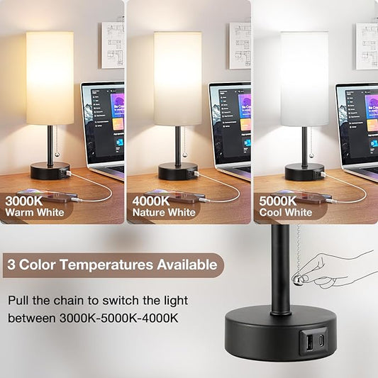 White Bedside Lamps for Bedroom Set of 2 - Nightstand Table Lamp with USB A + C Charging Port, 3 Color Temperatures Pull Chain Night Stand Light, Side Table Desk Reading Lamp for Living Room/Dorm