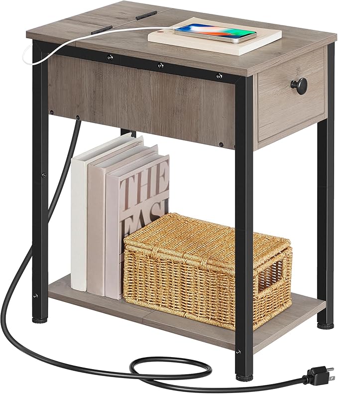 HOOBRO End Table with Charging Station, Narrow Side Table, Small Nightstand, Bedside Tables with Drawer and Storage Shelves, for Small Spaces, Living Room, Bedroom, Greige and Black BG041BZ01G1