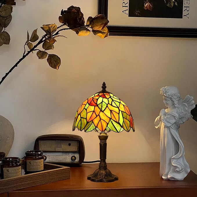 Tiffany Lamp Maple Leafs Stained Glass Bedside Nightstand Table Lamp,3-Way Color Temperature,Handcrafted Small Lamps for Living Room,Bedroom+LED Bulb,Home Decor Gifts,9X9X15Inch