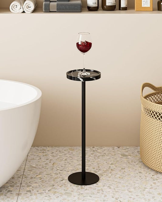 Drink Table, Small Pedestal Side Table, Round Cocktail Table, Circle Accent End Table with Metal Base, for Small Spaces (1, Black Marble)