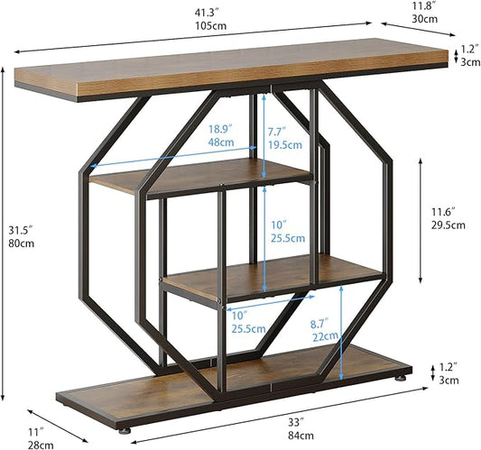 GiftGo 41.3" Narrow Console Table Entryway Industrial 4-Tier Sofa Table Behind Couch with Octago Base Wood Accent Tables with Storage Shelves for Living Room, Hallway, Foyer (Brown)